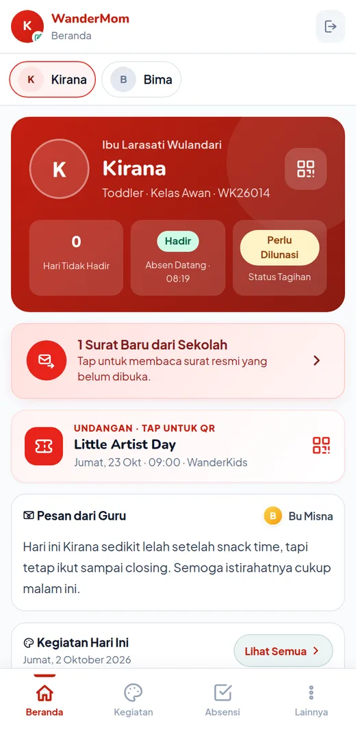 Tampilan beranda aplikasi WanderMom berisi kehadiran dan kegiatan hari ini
